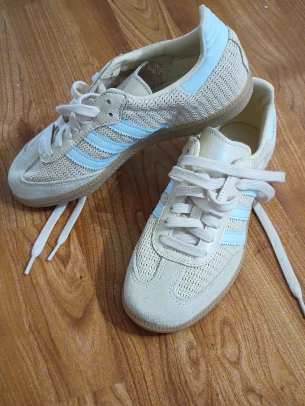 adidas Beige Sneakers with Light Blue Three-Stripes